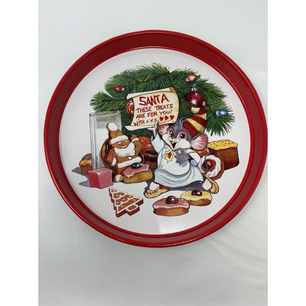 Giftco Round Tin Metal Cookie Tray Mouse Santa Christmas 1992 Vintage 90s